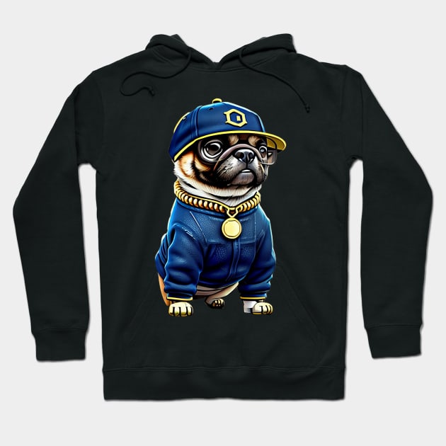 Cool Pug in Denim and Bling - Adorable Pug Wearing Hip Hop Style Clothing Hoodie by fur-niche